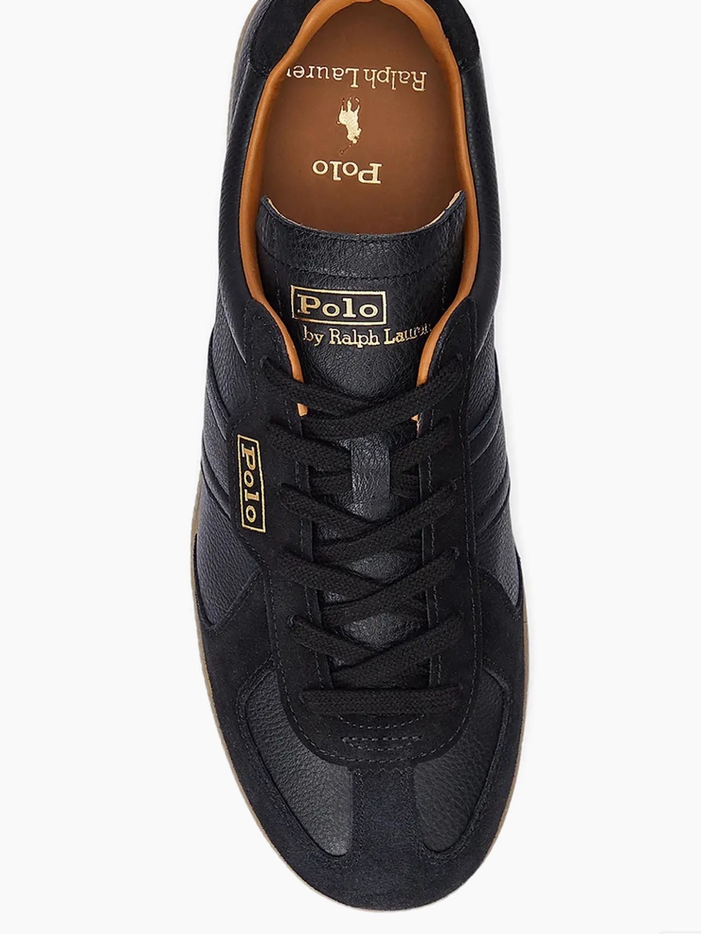 Polo by Ralph Lauren Black Leather & Suede Low-Top Sneakers with Gum Sole Trim